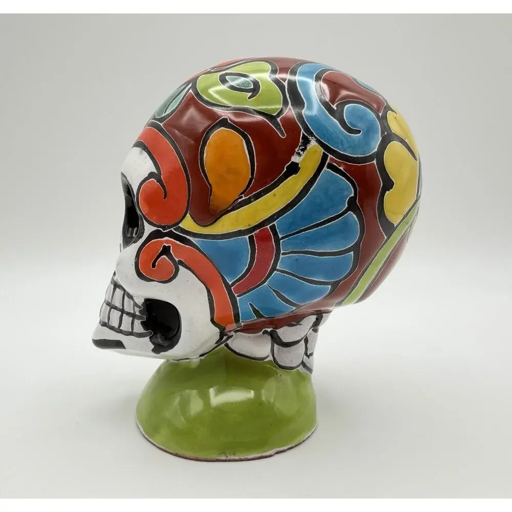 Talavera Mexican Pottery Day of the Dead Skull Figurine 5” Hand Painted Mexico